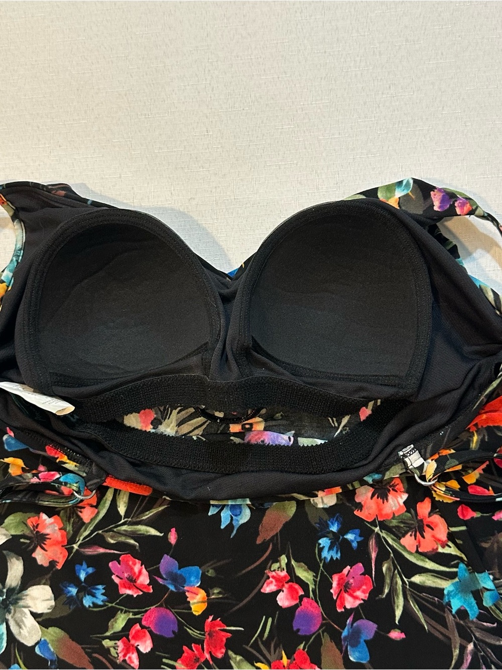 Aqua Green Floral Tankini Swim Top Medium Black Tropical Ruffle Built-In Cups - Picture 14 of 16
